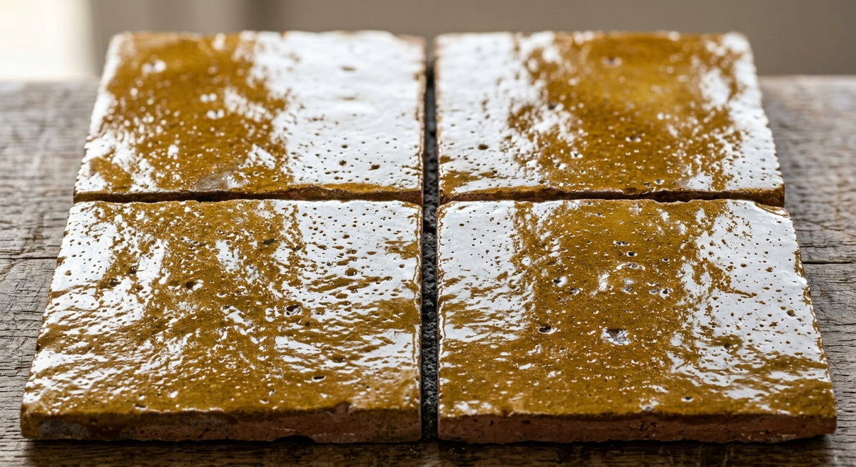 Four yellow square tiles with glossy textured surfaces and irregular clay edges